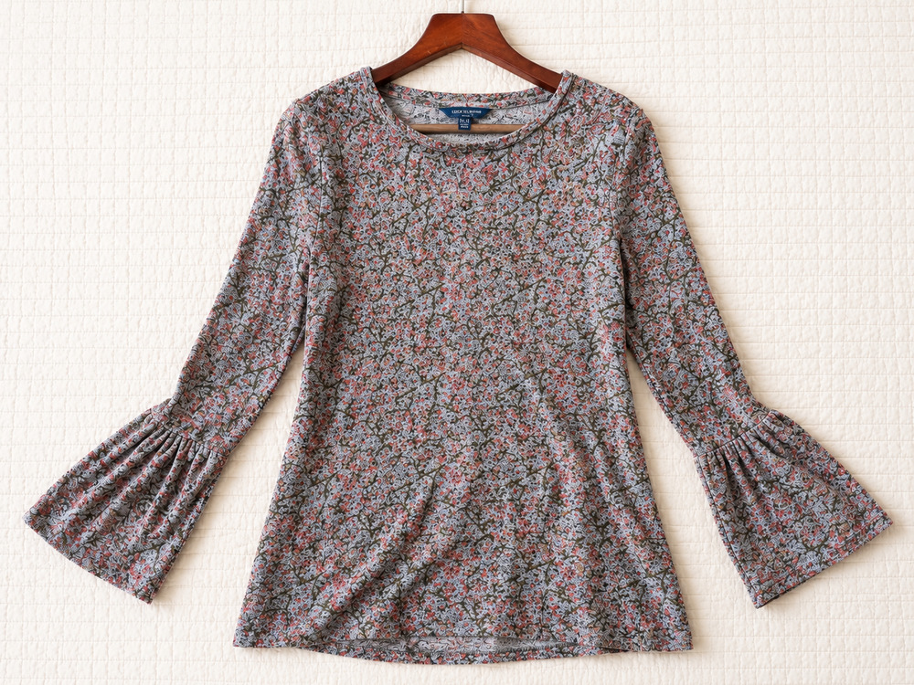 Lucky Brand Womens XL Floral Bell Sleeve Knit Top Boho Gray Pink Stretch